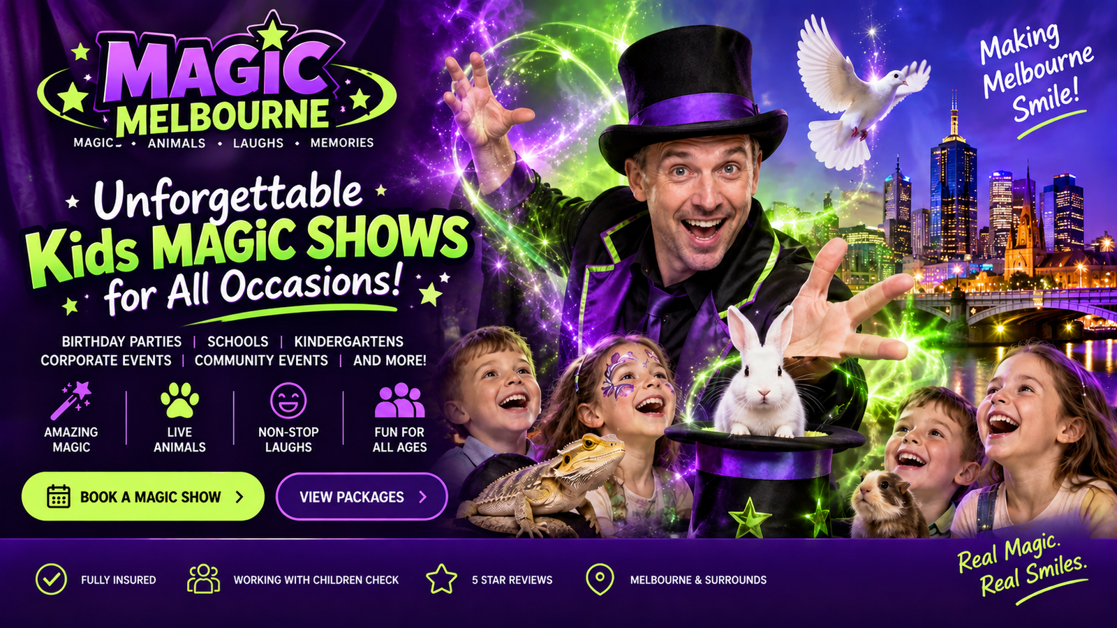 Melbourne kids magician Magic Surge with bunny, guinea pig and white dove